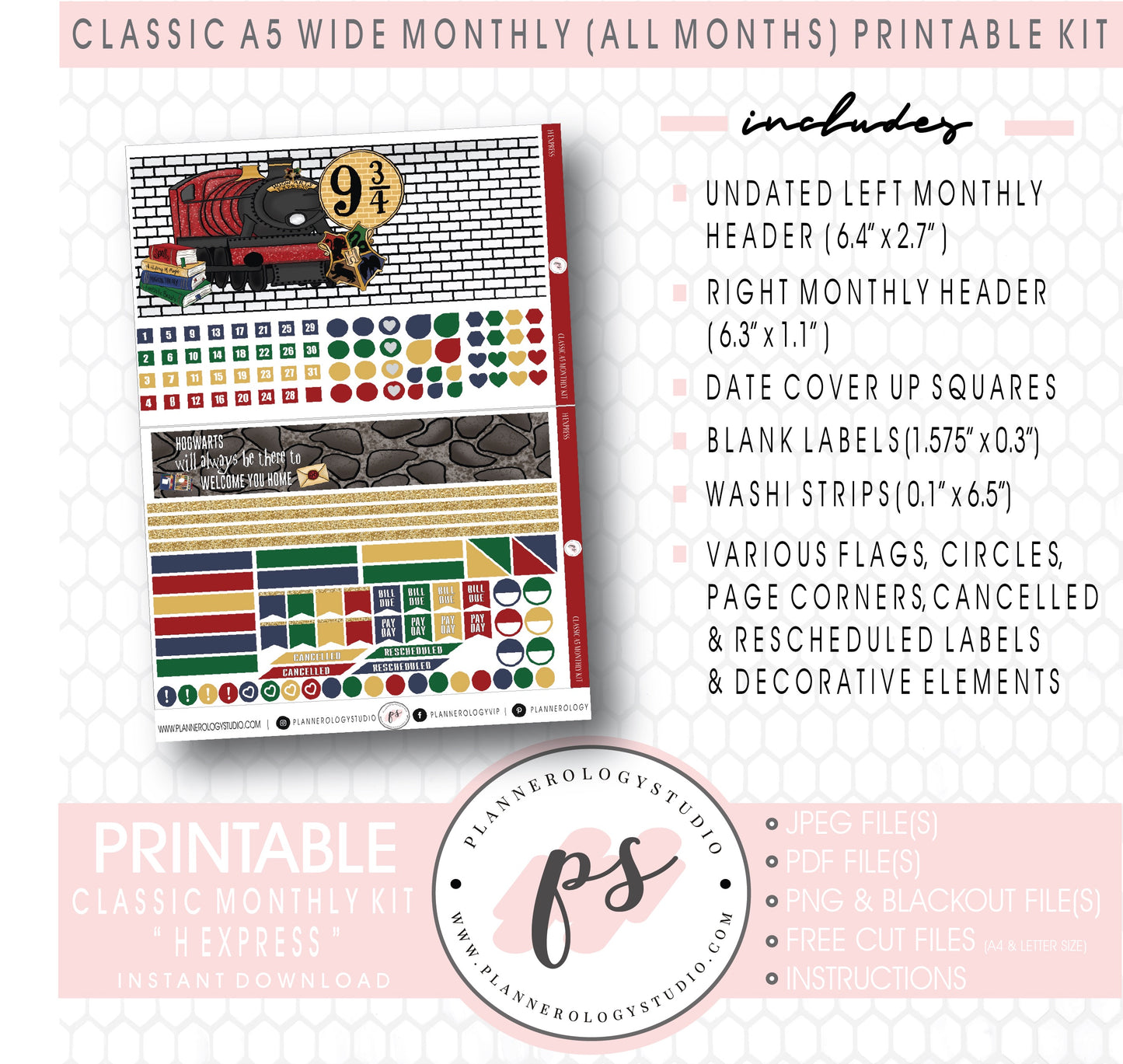 H Express (Harry Potter Inspired) Monthly Kit Digital Printable Planner Stickers (Undated All Months for Classic A5 Wide Planners)