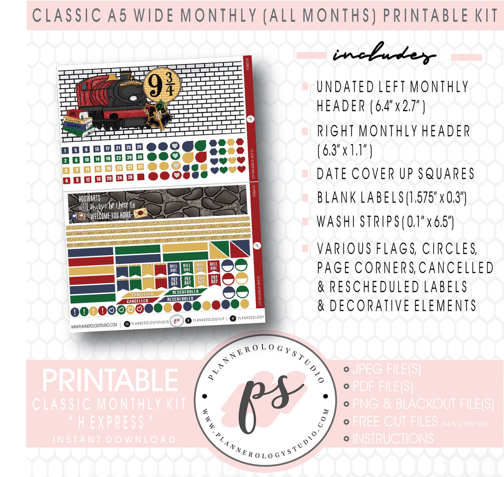 H Express (Harry Potter Inspired) Monthly Kit Digital Printable Planner Stickers (Undated All Months for Classic A5 Wide Planners)