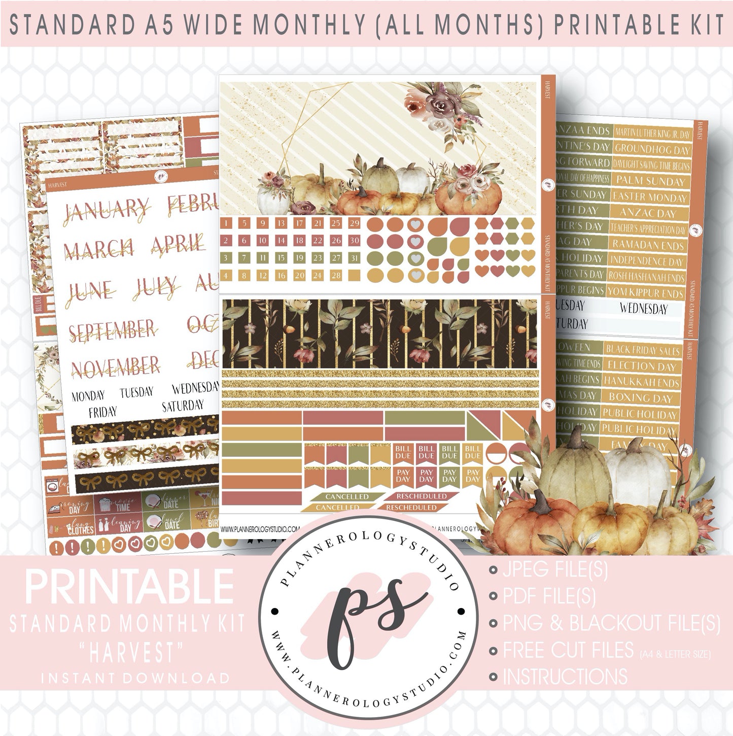 Harvest (Fall/Thanksgiving) Monthly Kit Digital Printable Planner Stickers (Undated All Months for Standard A5 Wide Planners)