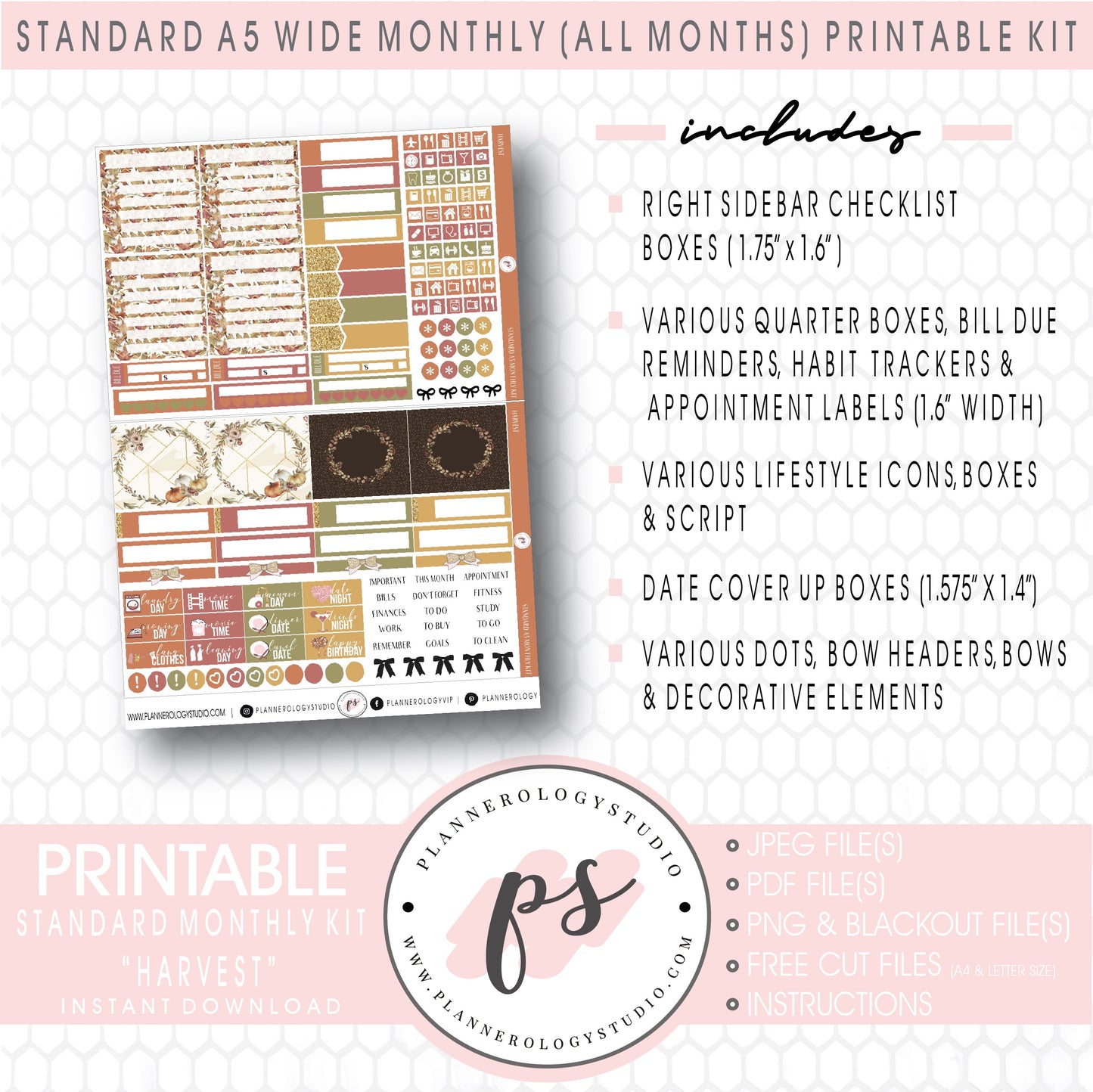 Harvest (Fall/Thanksgiving) Monthly Kit Digital Printable Planner Stickers (Undated All Months for Standard A5 Wide Planners)