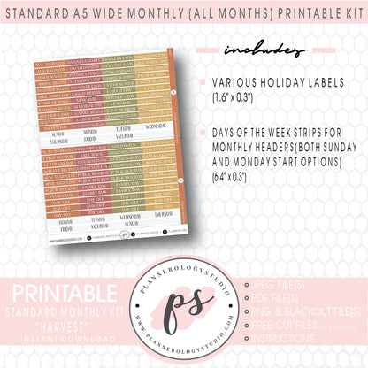 Harvest (Fall/Thanksgiving) Monthly Kit Digital Printable Planner Stickers (Undated All Months for Standard A5 Wide Planners)