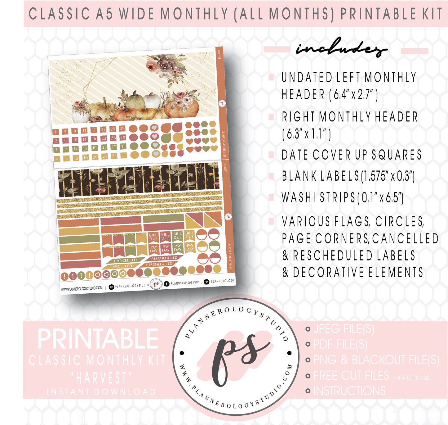 Harvest (Fall/Thanksgiving) Monthly Kit Digital Printable Planner Stickers (Undated All Months for Classic A5 Wide Planners)