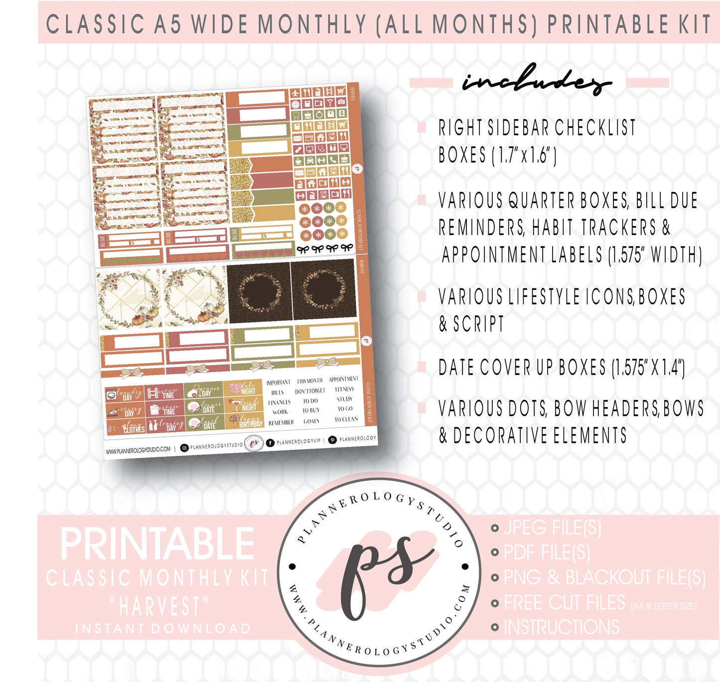 Harvest (Fall/Thanksgiving) Monthly Kit Digital Printable Planner Stickers (Undated All Months for Classic A5 Wide Planners)