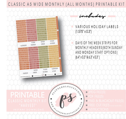 Harvest (Fall/Thanksgiving) Monthly Kit Digital Printable Planner Stickers (Undated All Months for Classic A5 Wide Planners)