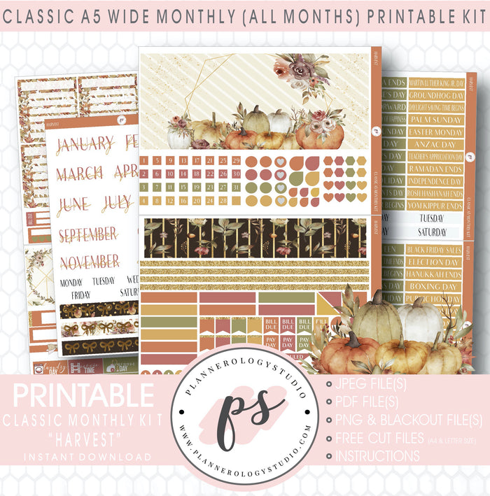 Harvest (Fall/Thanksgiving) Monthly Kit Digital Printable Planner Stickers (Undated All Months for Classic A5 Wide Planners)