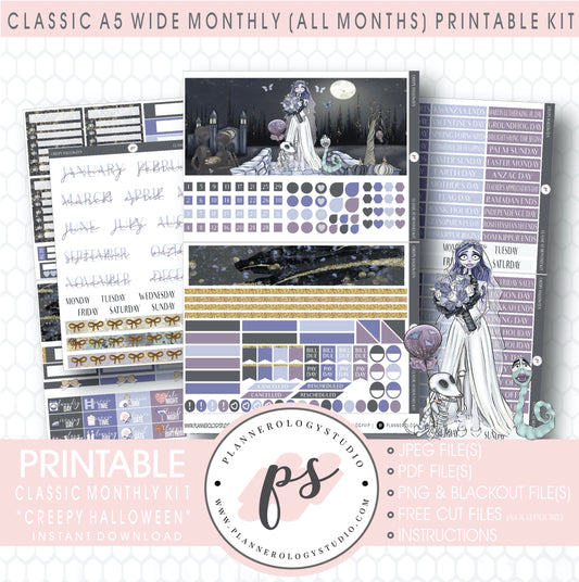Creepy Halloween Monthly Kit Digital Printable Planner Stickers (Undated All Months for Classic A5 Wide Planners)