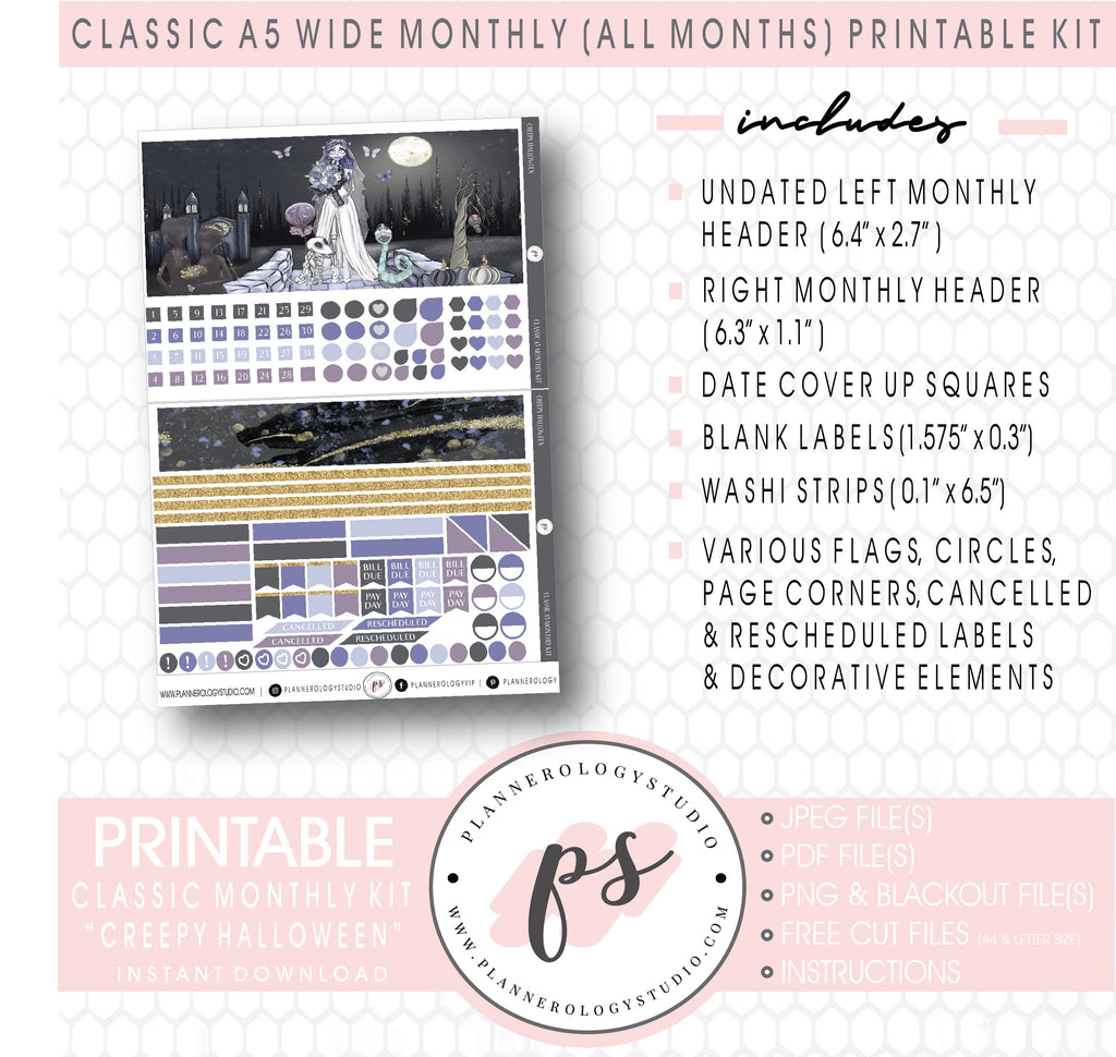 Creepy Halloween Monthly Kit Digital Printable Planner Stickers (Undated All Months for Classic A5 Wide Planners)