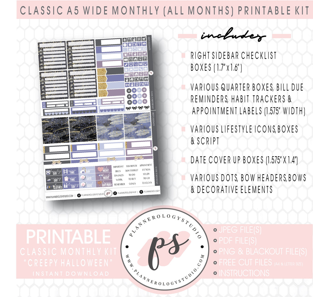Creepy Halloween Monthly Kit Digital Printable Planner Stickers (Undated All Months for Classic A5 Wide Planners)