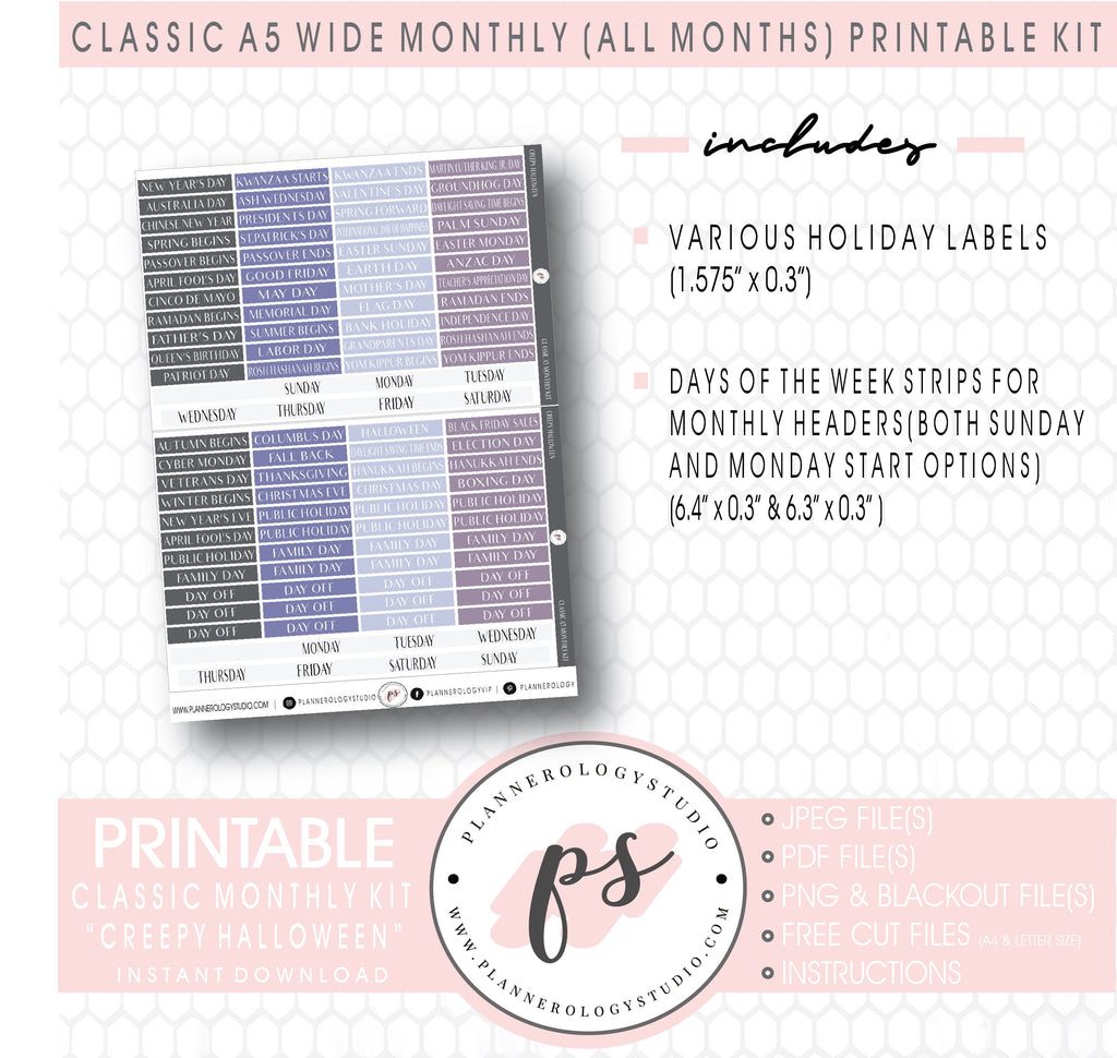 Creepy Halloween Monthly Kit Digital Printable Planner Stickers (Undated All Months for Classic A5 Wide Planners)