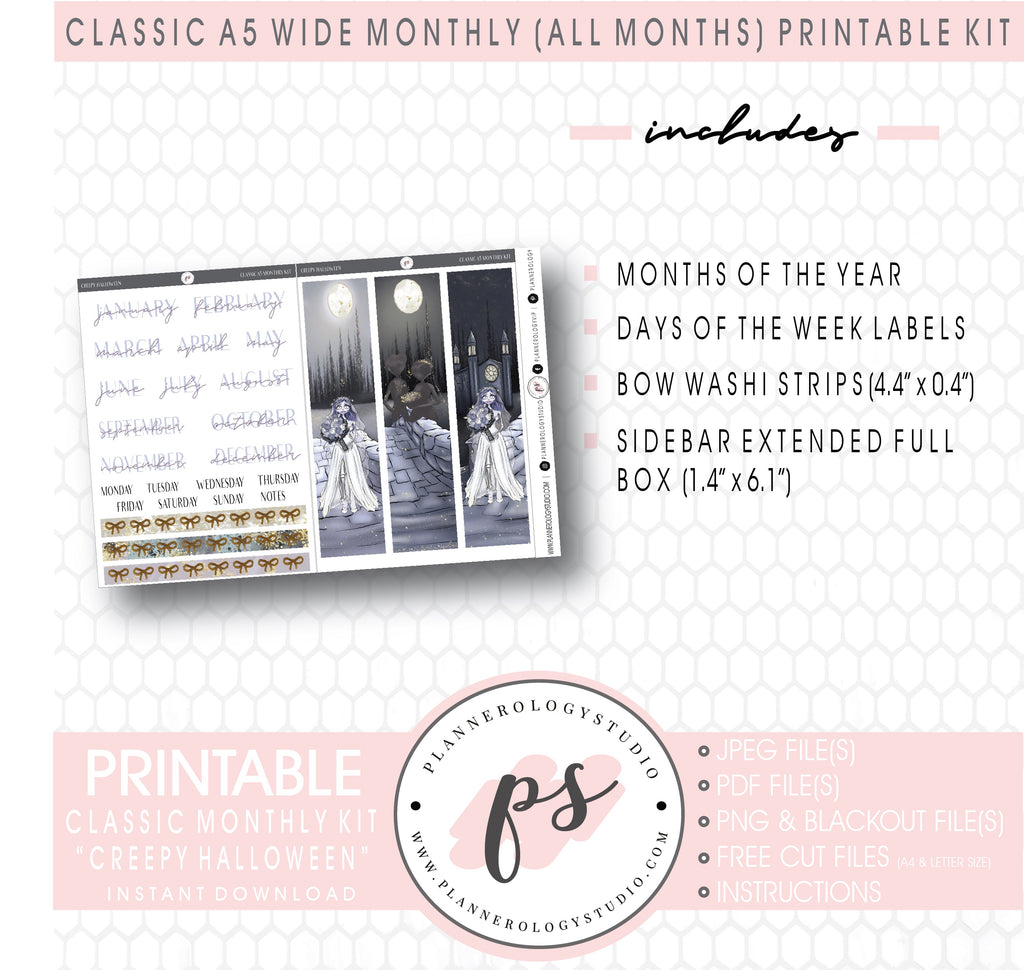 Creepy Halloween Monthly Kit Digital Printable Planner Stickers (Undated All Months for Classic A5 Wide Planners)