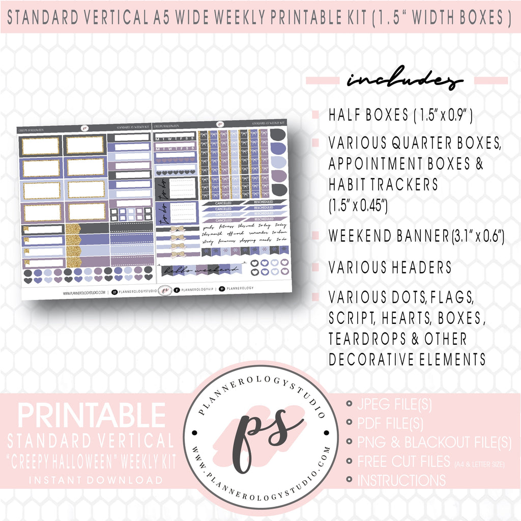 Creepy Halloween Weekly Digital Printable Planner Stickers Kit (for use with Standard Vertical A5 Wide Planners)