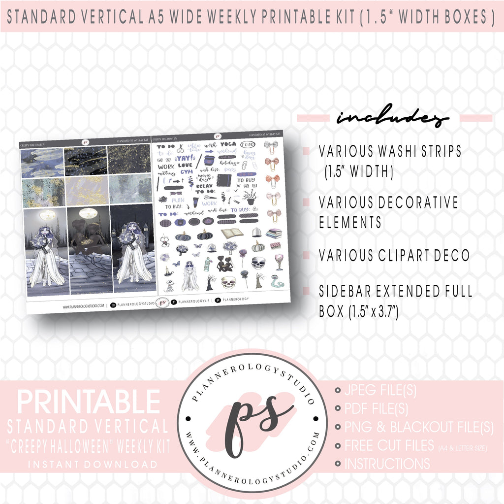Creepy Halloween Weekly Digital Printable Planner Stickers Kit (for use with Standard Vertical A5 Wide Planners)