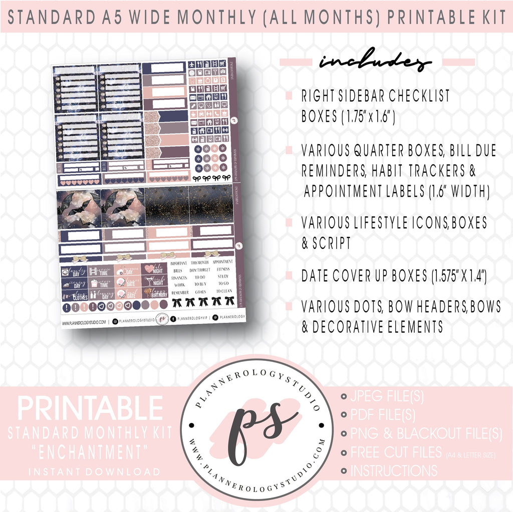 Enchantment Monthly Kit Digital Printable Planner Stickers (Undated All Months for Standard A5 Wide Planners)