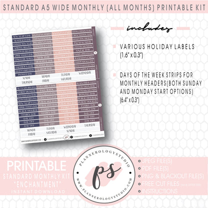 Enchantment Monthly Kit Digital Printable Planner Stickers (Undated All Months for Standard A5 Wide Planners)