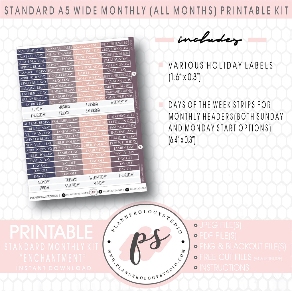 Enchantment Monthly Kit Digital Printable Planner Stickers (Undated All Months for Standard A5 Wide Planners)