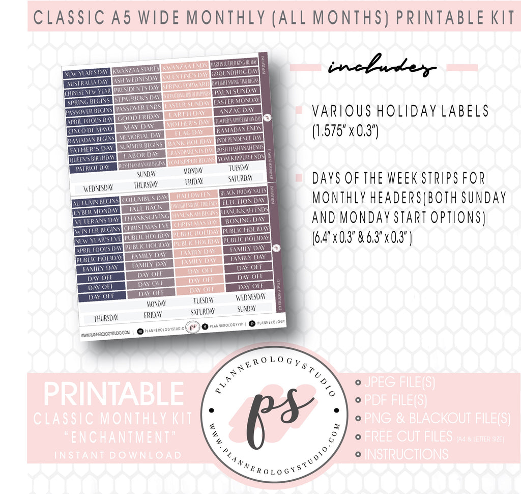 Enchantment Monthly Kit Digital Printable Planner Stickers (Undated All Months for Classic A5 Wide Planners)