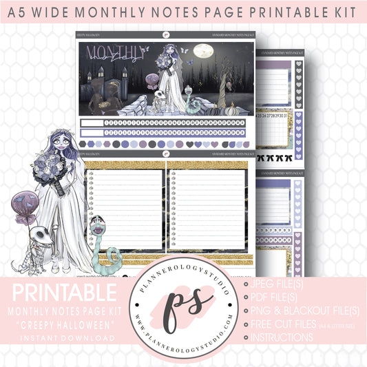 Creepy Halloween Monthly Notes Page Kit Digital Printable Planner Stickers (for use with Standard A5 Wide Planners)