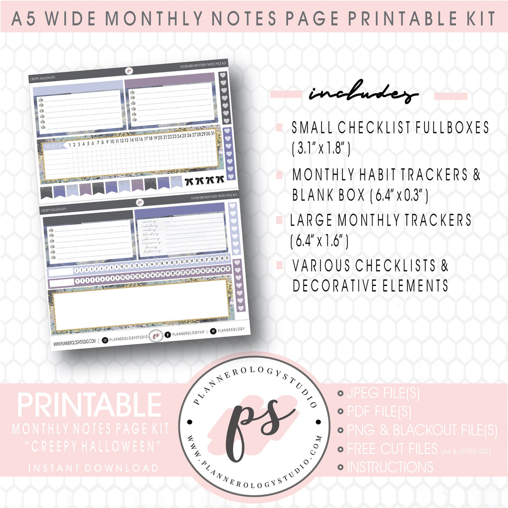 Creepy Halloween Monthly Notes Page Kit Digital Printable Planner Stickers (for use with Standard A5 Wide Planners)