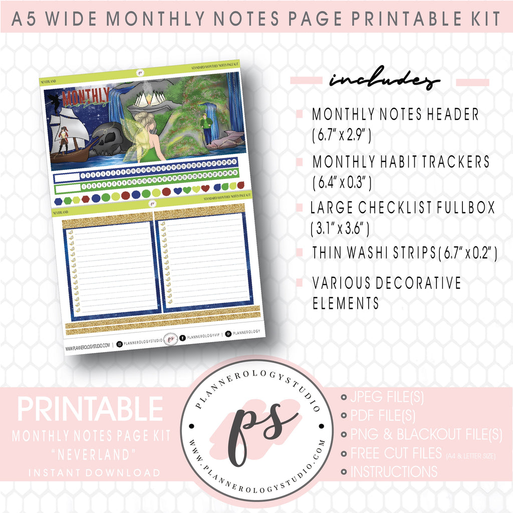 Neverland Monthly Notes Page Kit Digital Printable Planner Stickers (for use with Standard A5 Wide Planners)