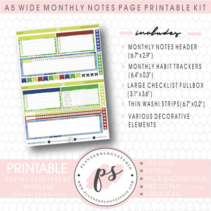 Neverland Monthly Notes Page Kit Digital Printable Planner Stickers (for use with Standard A5 Wide Planners)