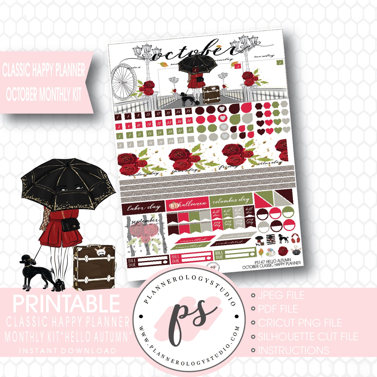Hello Autumn (Fall) October 2017 Monthly View Kit Printable Planner Stickers (for use with Classic Happy Planner) - Plannerologystudio