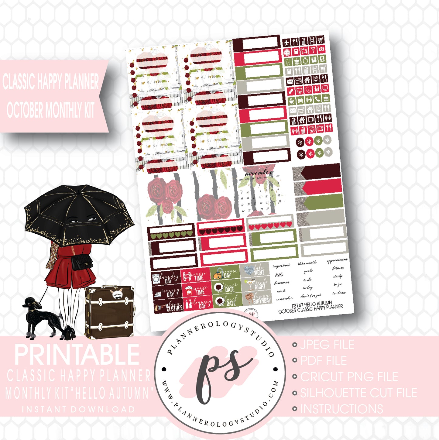 Hello Autumn (Fall) October 2017 Monthly View Kit Printable Planner Stickers (for use with Classic Happy Planner) - Plannerologystudio