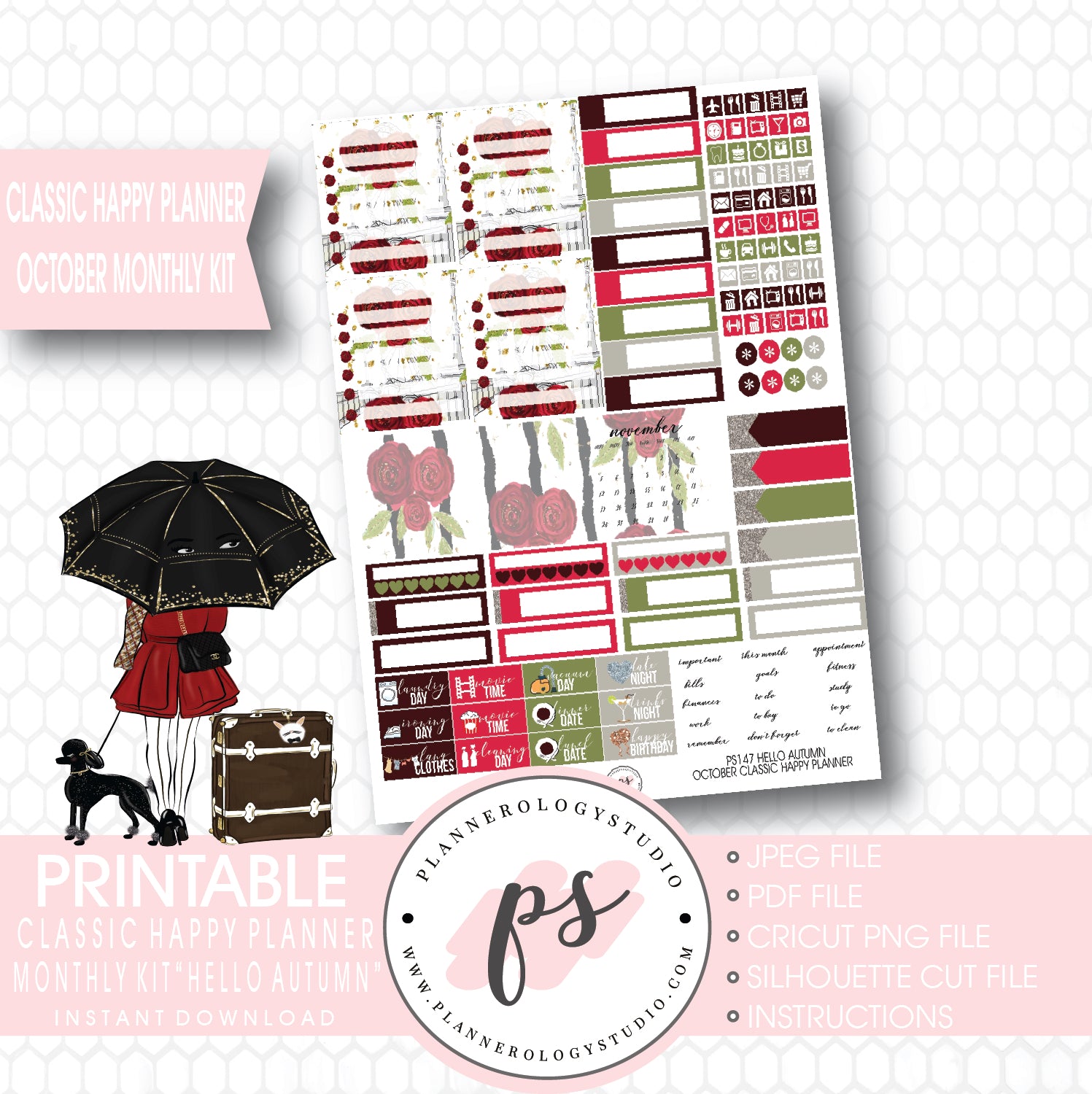 Hello Autumn (Fall) October 2017 Monthly View Kit Printable Planner Stickers (for use with Classic Happy Planner) - Plannerologystudio