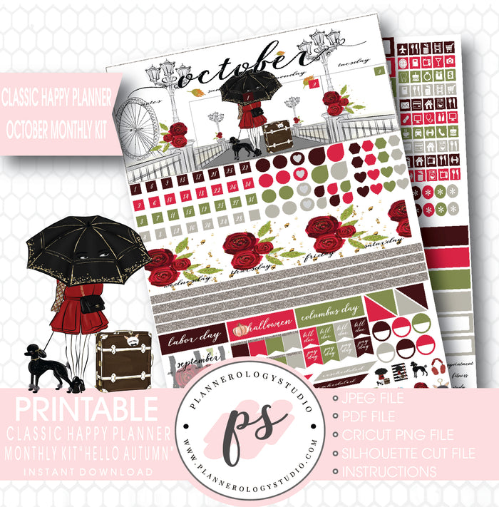 Hello Autumn (Fall) October 2017 Monthly View Kit Printable Planner Stickers (for use with Classic Happy Planner) - Plannerologystudio
