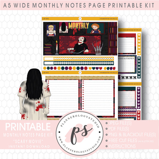 Scary Movie Monthly Notes Page Kit Digital Printable Planner Stickers (for use with Standard A5 Wide Planners)