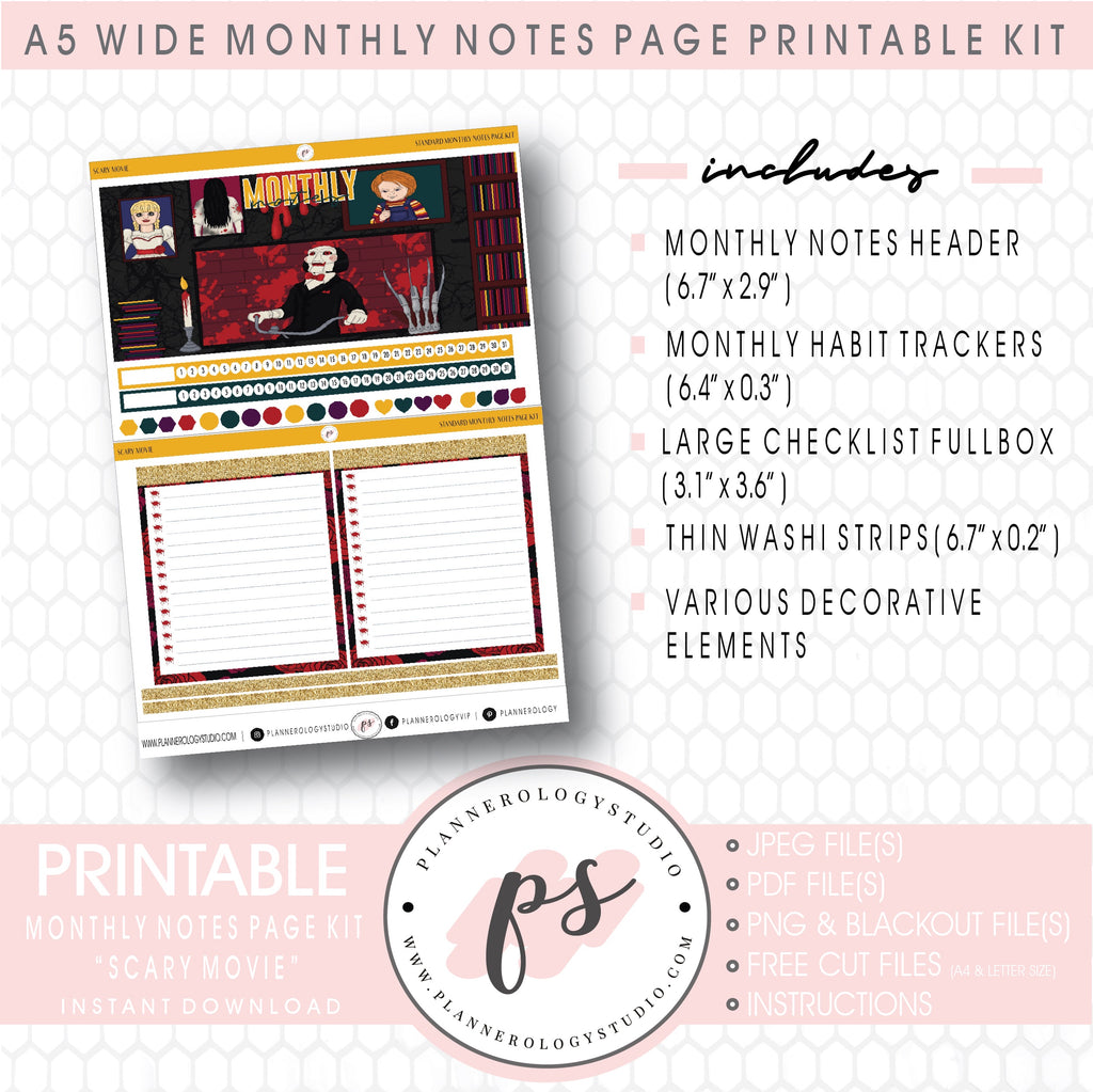 Scary Movie Monthly Notes Page Kit Digital Printable Planner Stickers (for use with Standard A5 Wide Planners)