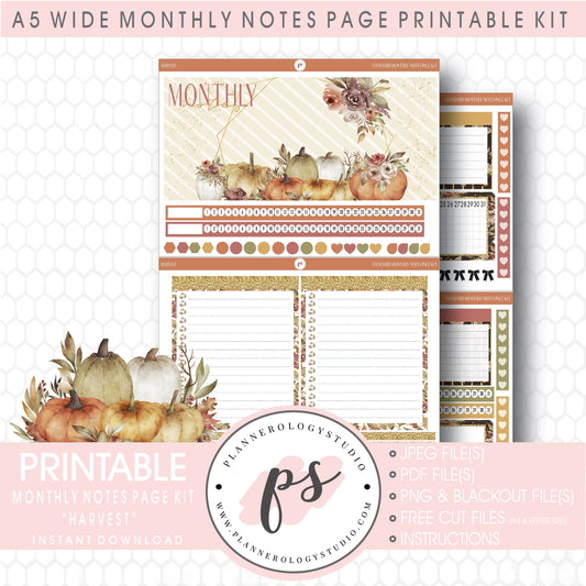 Harvest Monthly Notes Page Kit Digital Printable Planner Stickers (for use with Standard A5 Wide Planners)