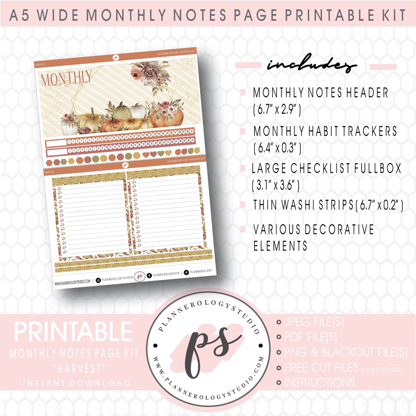 Harvest Monthly Notes Page Kit Digital Printable Planner Stickers (for use with Standard A5 Wide Planners)