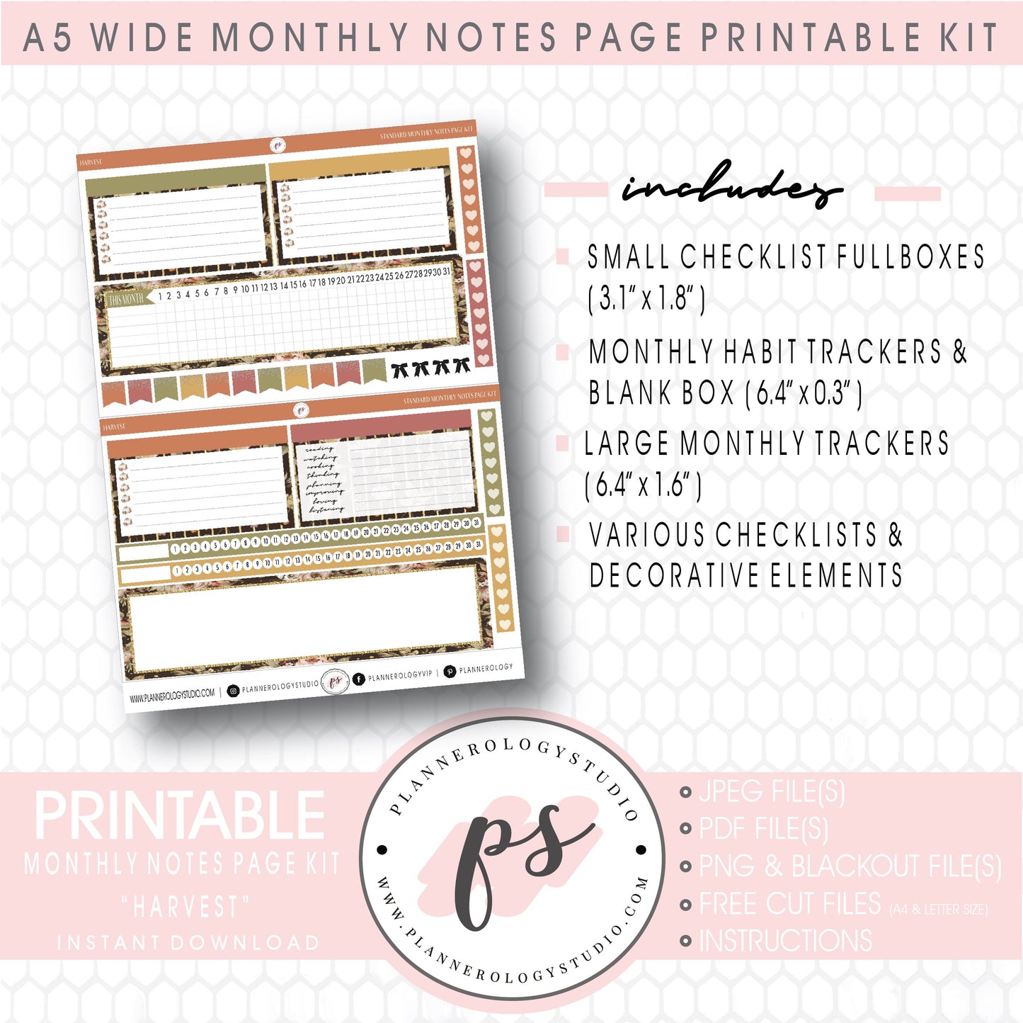 Harvest Monthly Notes Page Kit Digital Printable Planner Stickers (for use with Standard A5 Wide Planners)