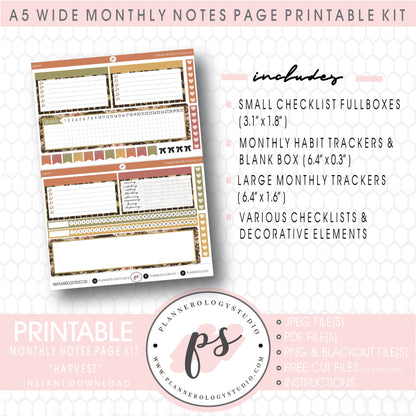Harvest Monthly Notes Page Kit Digital Printable Planner Stickers (for use with Standard A5 Wide Planners)