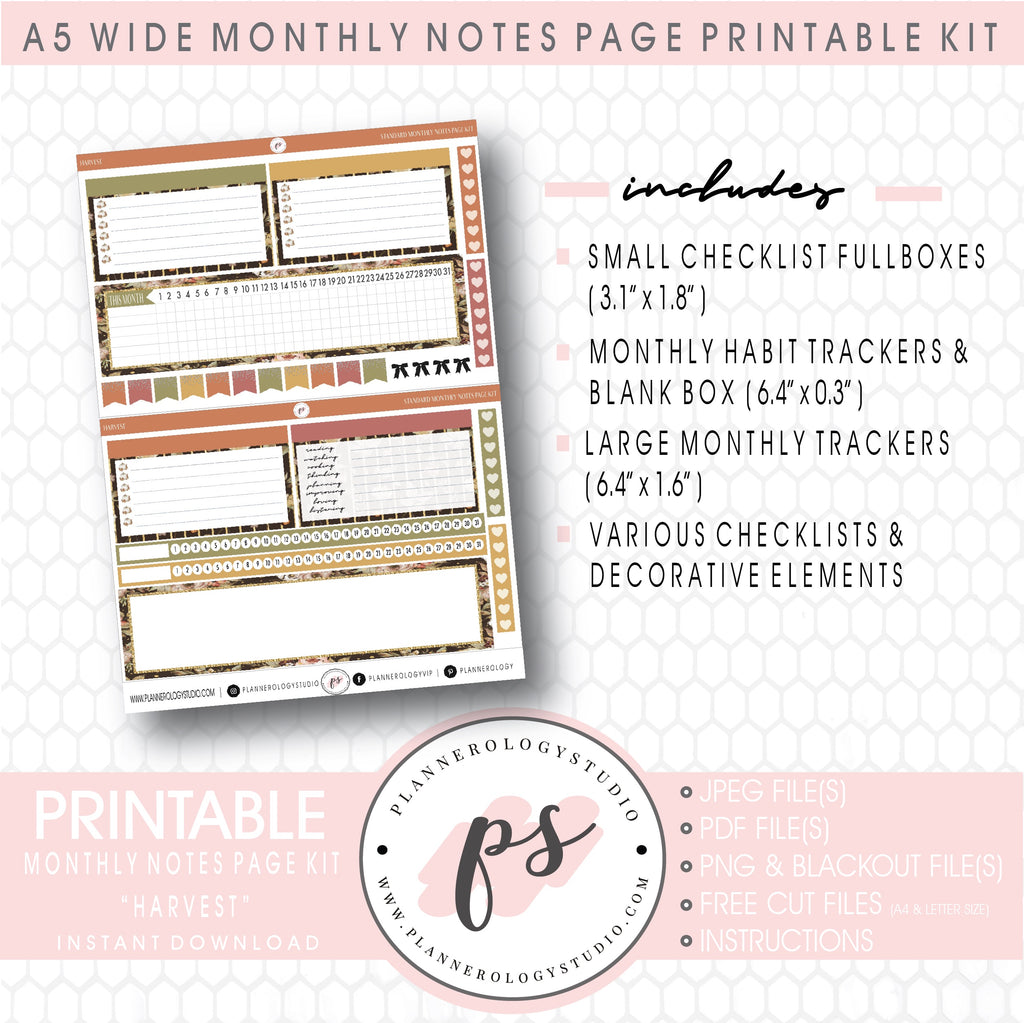 Harvest Monthly Notes Page Kit Digital Printable Planner Stickers (for use with Standard A5 Wide Planners)