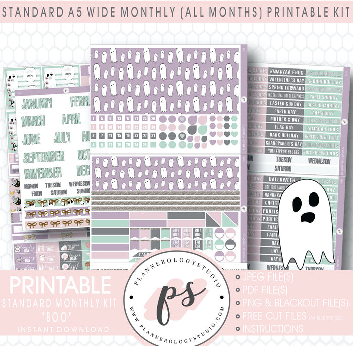 Boo Halloween Monthly Kit Digital Printable Planner Stickers (Undated All Months for Standard A5 Wide Planners)