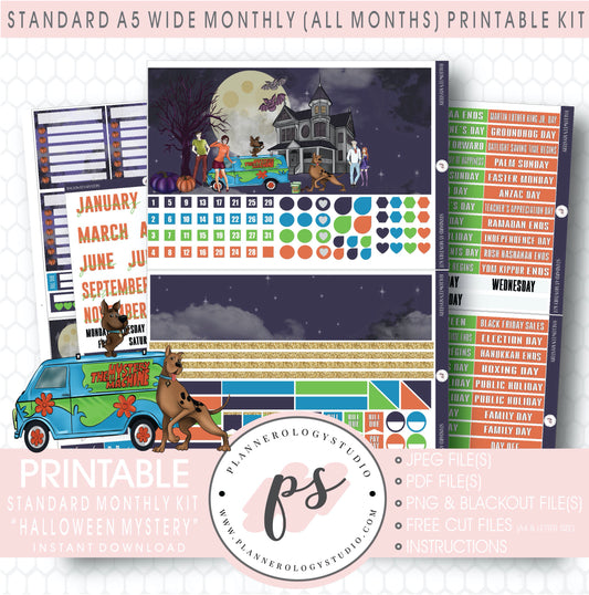 Halloween Mystery Monthly Kit Digital Printable Planner Stickers (Undated All Months for Standard A5 Wide Planners)