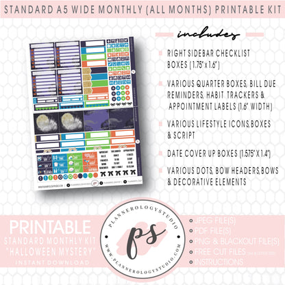 Halloween Mystery Monthly Kit Digital Printable Planner Stickers (Undated All Months for Standard A5 Wide Planners)