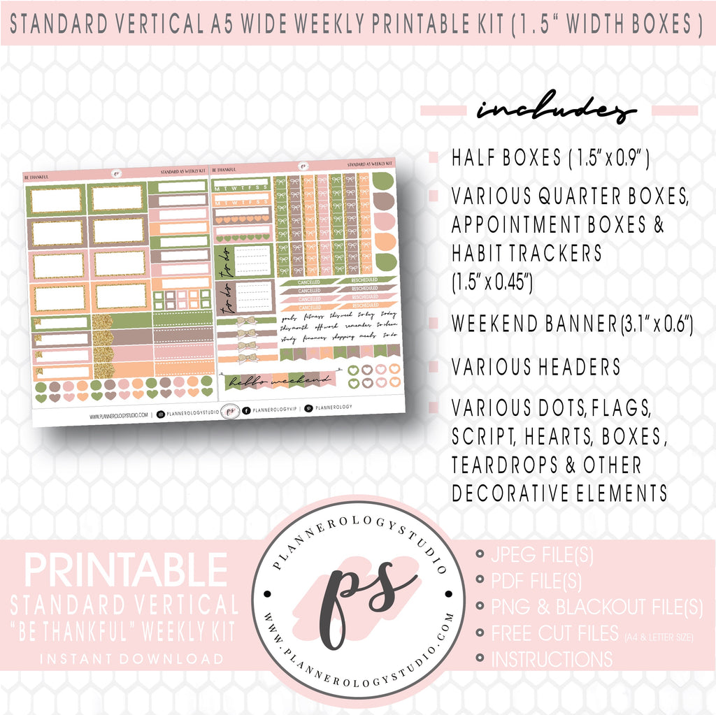 Be Thankful Weekly Digital Printable Planner Stickers Kit (for use with Standard Vertical A5 Wide Planners)