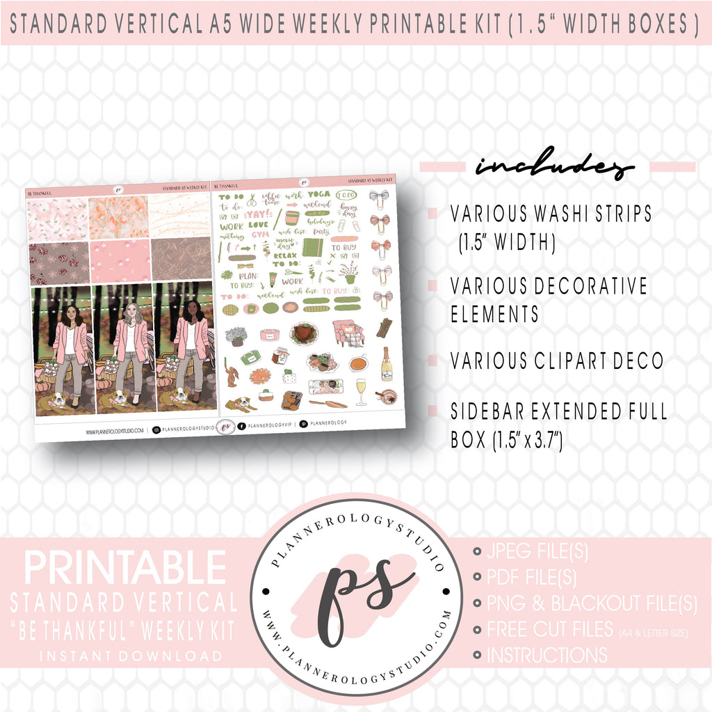 Be Thankful Weekly Digital Printable Planner Stickers Kit (for use with Standard Vertical A5 Wide Planners)
