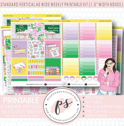 Back to School Weekly Digital Printable Planner Stickers Kit (for use with Standard Vertical A5 Wide Planners)