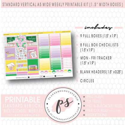 Back to School Weekly Digital Printable Planner Stickers Kit (for use with Standard Vertical A5 Wide Planners)