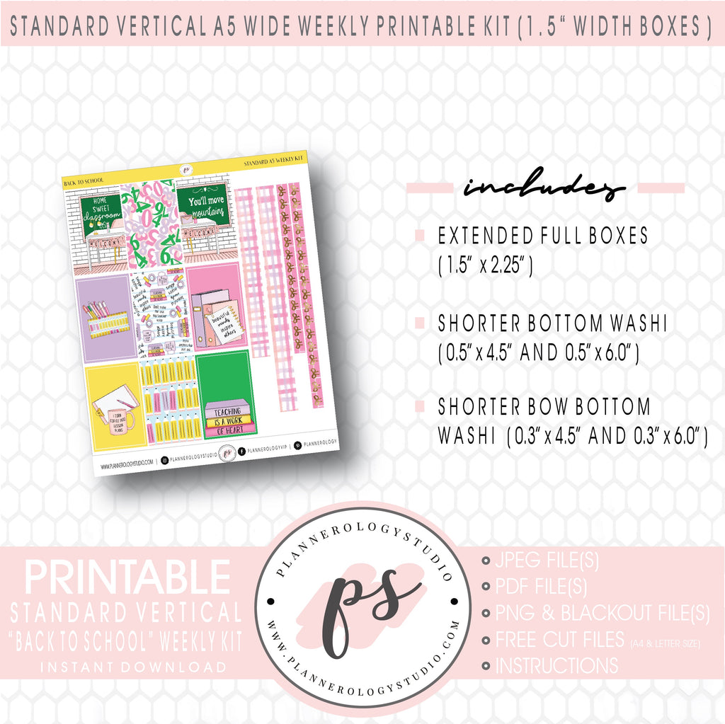 Back to School Weekly Digital Printable Planner Stickers Kit (for use with Standard Vertical A5 Wide Planners)