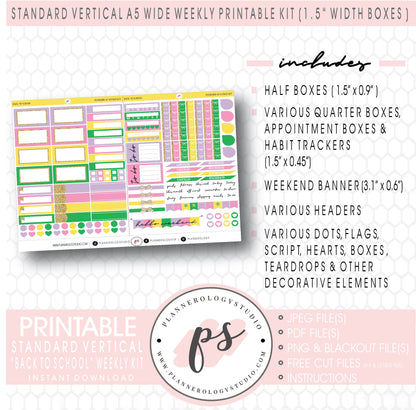 Back to School Weekly Digital Printable Planner Stickers Kit (for use with Standard Vertical A5 Wide Planners)