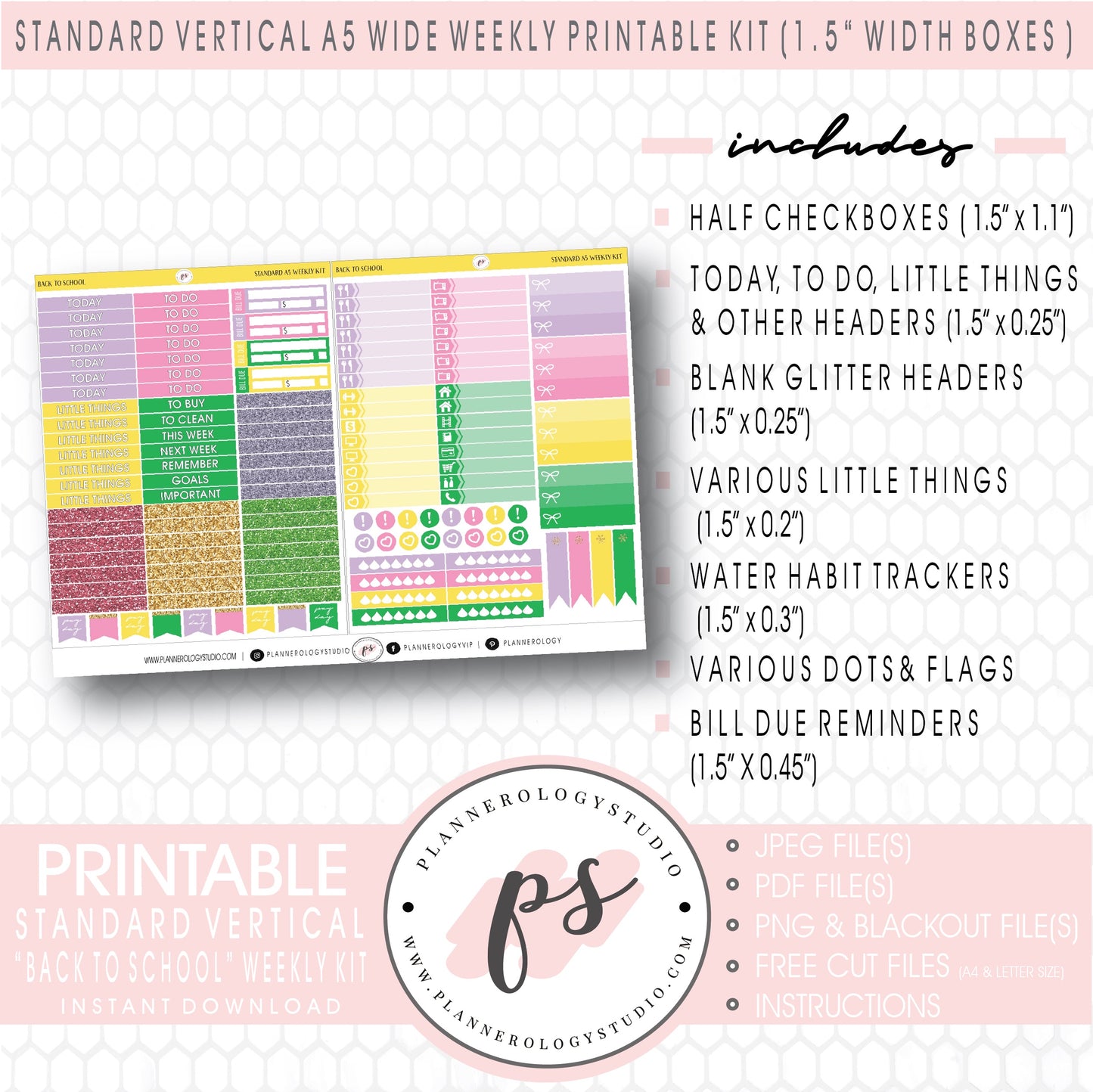 Back to School Weekly Digital Printable Planner Stickers Kit (for use with Standard Vertical A5 Wide Planners)