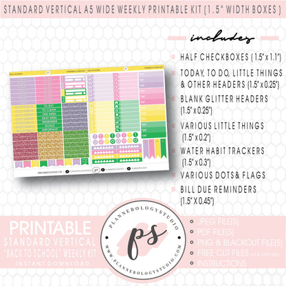 Back to School Weekly Digital Printable Planner Stickers Kit (for use with Standard Vertical A5 Wide Planners)