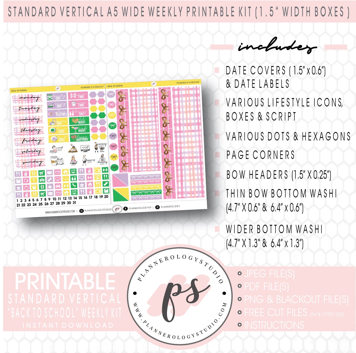 Back to School Weekly Digital Printable Planner Stickers Kit (for use with Standard Vertical A5 Wide Planners)