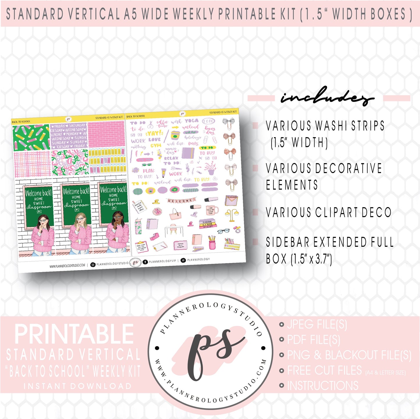 Back to School Weekly Digital Printable Planner Stickers Kit (for use with Standard Vertical A5 Wide Planners)