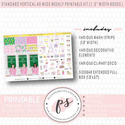 Back to School Weekly Digital Printable Planner Stickers Kit (for use with Standard Vertical A5 Wide Planners)