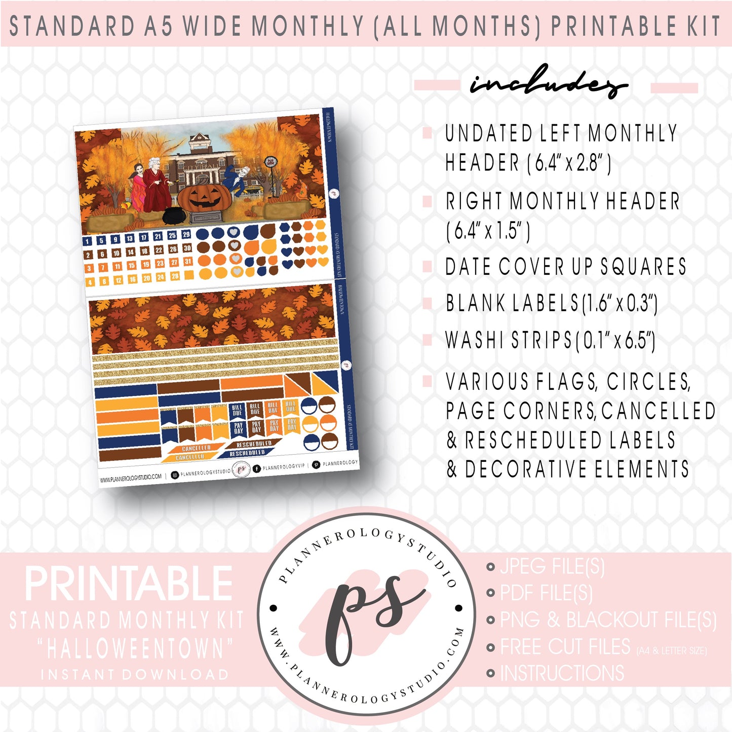 Halloweentown Monthly Kit Digital Printable Planner Stickers (Undated All Months for Standard A5 Wide Planners)